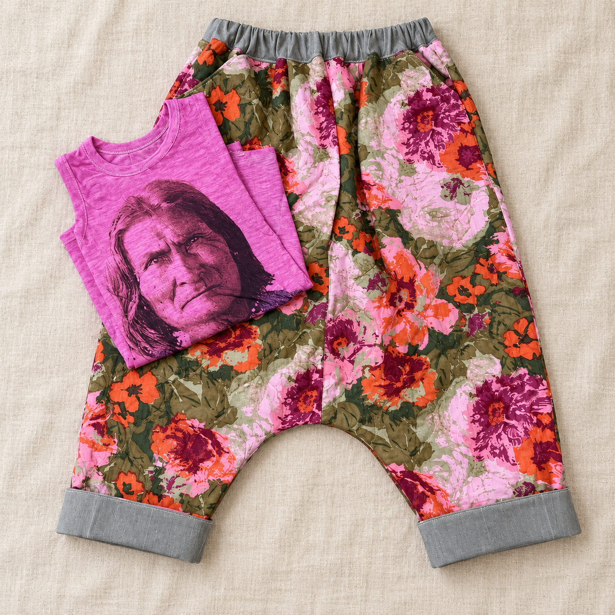 Vintage Floral Quilted Harem Pants – Pink, Orange & Olive