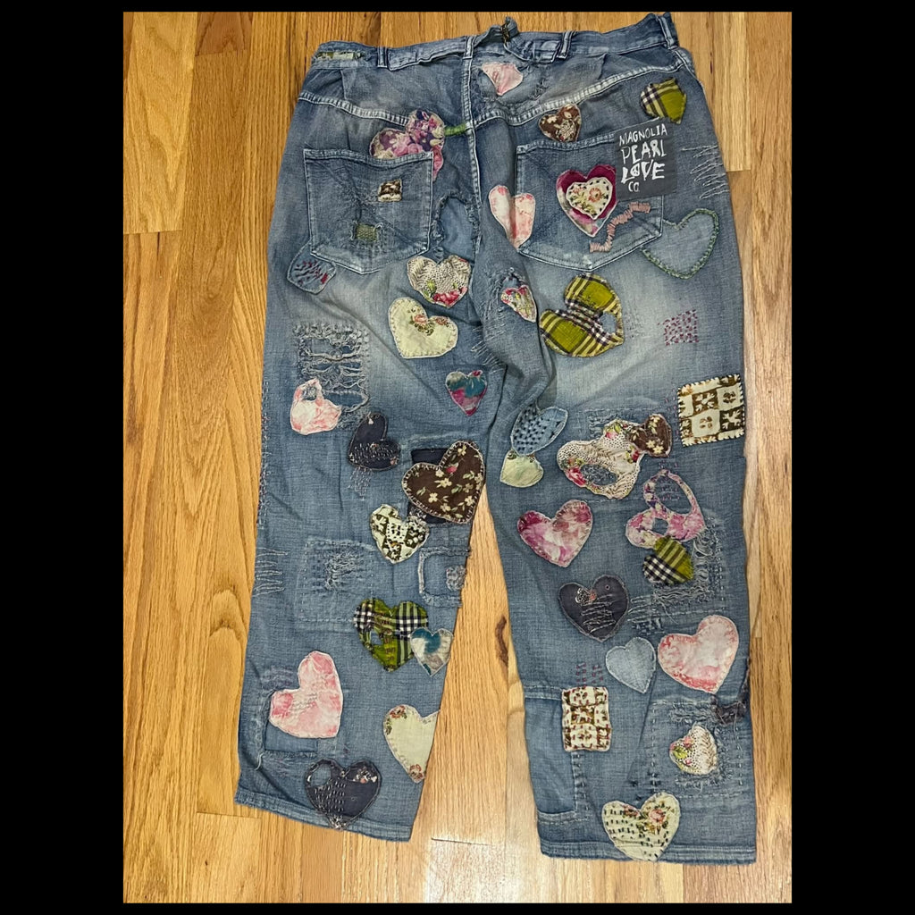 Magnolia Pearl I Heart you miner denims with heart-shaped patches #728