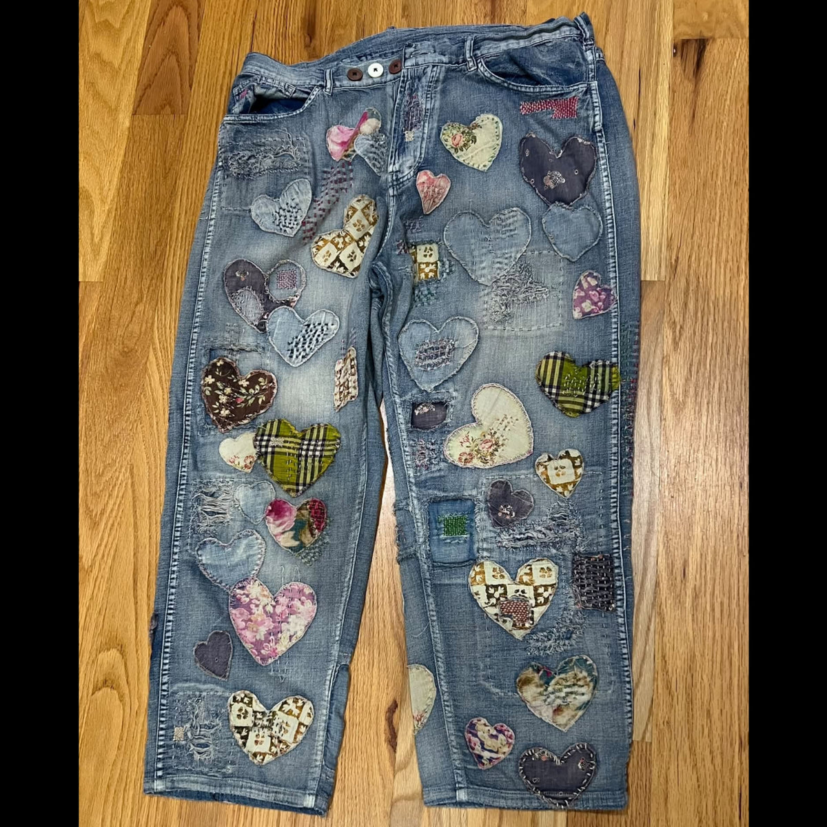 Magnolia Pearl I Heart you miner denims with heart-shaped patches #728