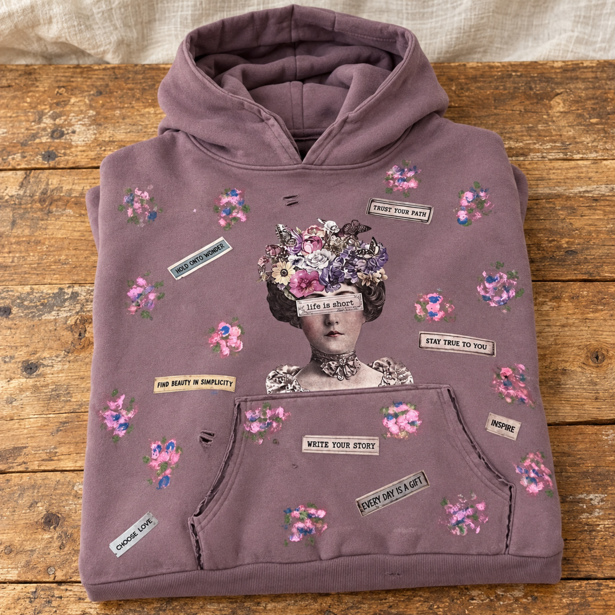 Mauve Floral Collage Cropped Hoodie — Trust Your Path