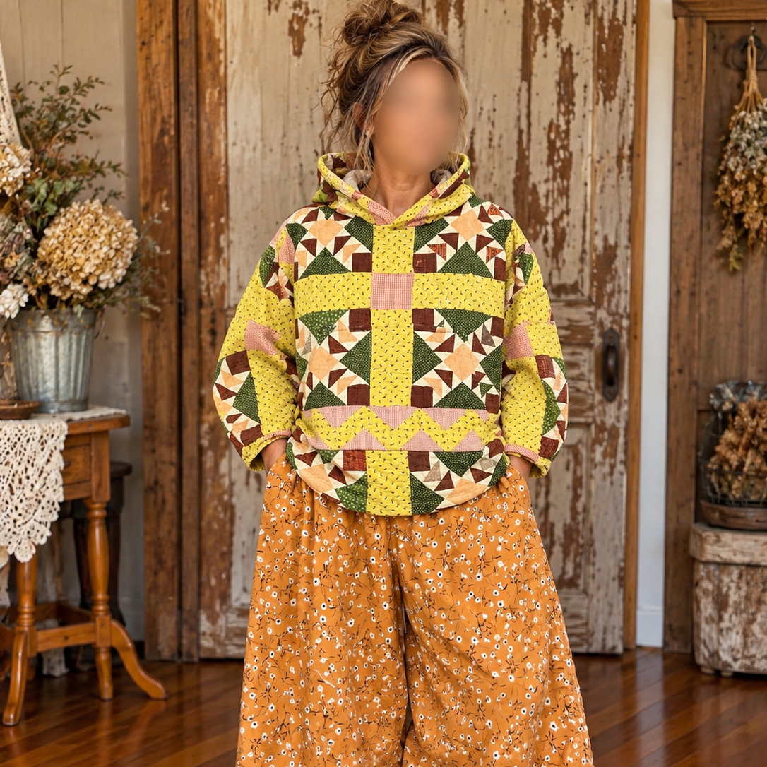 Yellow, green, cream, and brown patchwork hoodie styled with golden-orange floral wide-leg bloomers finished with white lace hems.