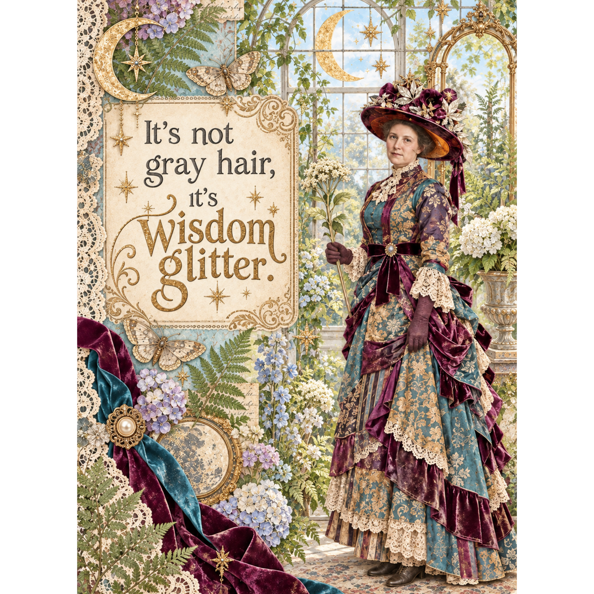 Vintage-style illustrated poster featuring a woman in an ornate Victorian gown and hat in a lush floral greenhouse scene, with a large decorative sign reading, "It's not gray hair, it's Wisdom glitter.". 8" x 6" includes 1/2" cotton boarder to sew on.